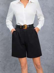 2 piezas de pantalones cortos elegantes de cintura alta y bolsillos de unicolor para mujer, uso casual y de oficina, para el verano