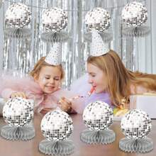 6 piezas Decoraciones para fiesta de discoteca - Centros de mesa en forma de bola de discoteca plateada plana para decoración de fiesta de discoteca de los 70, Navidad