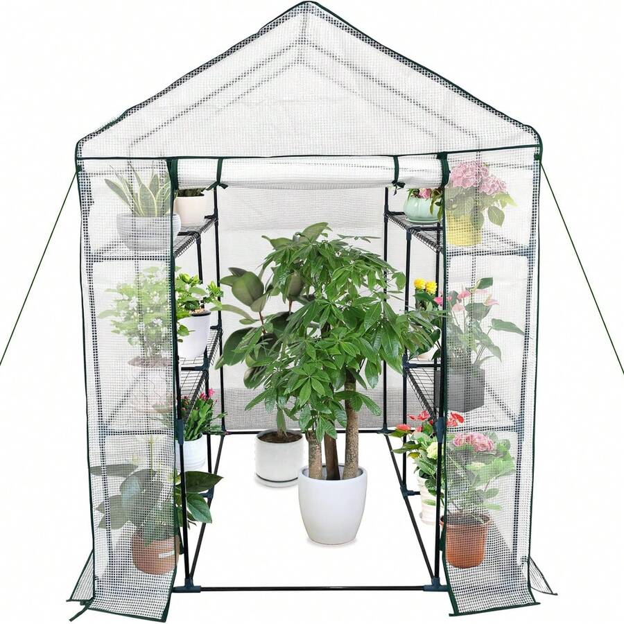 Walk-In Greenhouse For Outdoors,57 X 57 X 76''/57 X 85 X 76'' Portable Greenhouse,3 Tiers 6 Shelves Green House Kit W/ Zippered Door Anchors And Ropes, Plant Garden Hot House For Garden Patio Backyard - White-143*143*195cm - 查看 1
