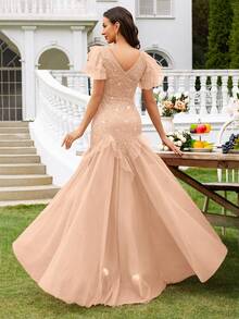 MIUSOL Đầm Maxi Dự Tiệc Tối Cổ Chữ V Tay Phồng Phối Ren Lưới Tương Phản, Viền Xếp Ly, Đầm Dự Tiệc Sang Trọng Cho Nữ, Đầm Dạ Hội Trang Trọng, Đầm Dạ Hội, Cho Khách Dự Tiệc Cưới, Tốt Nghiệp, Tiệc Tối - Rượu sâm banh - Xem 3