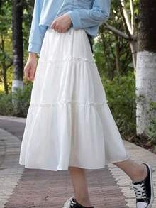 Falda blanca de corte A, temperamento de color sólido, falda de longitud media, falda larga plisada estilo resort informal - Blanco - Ver 1