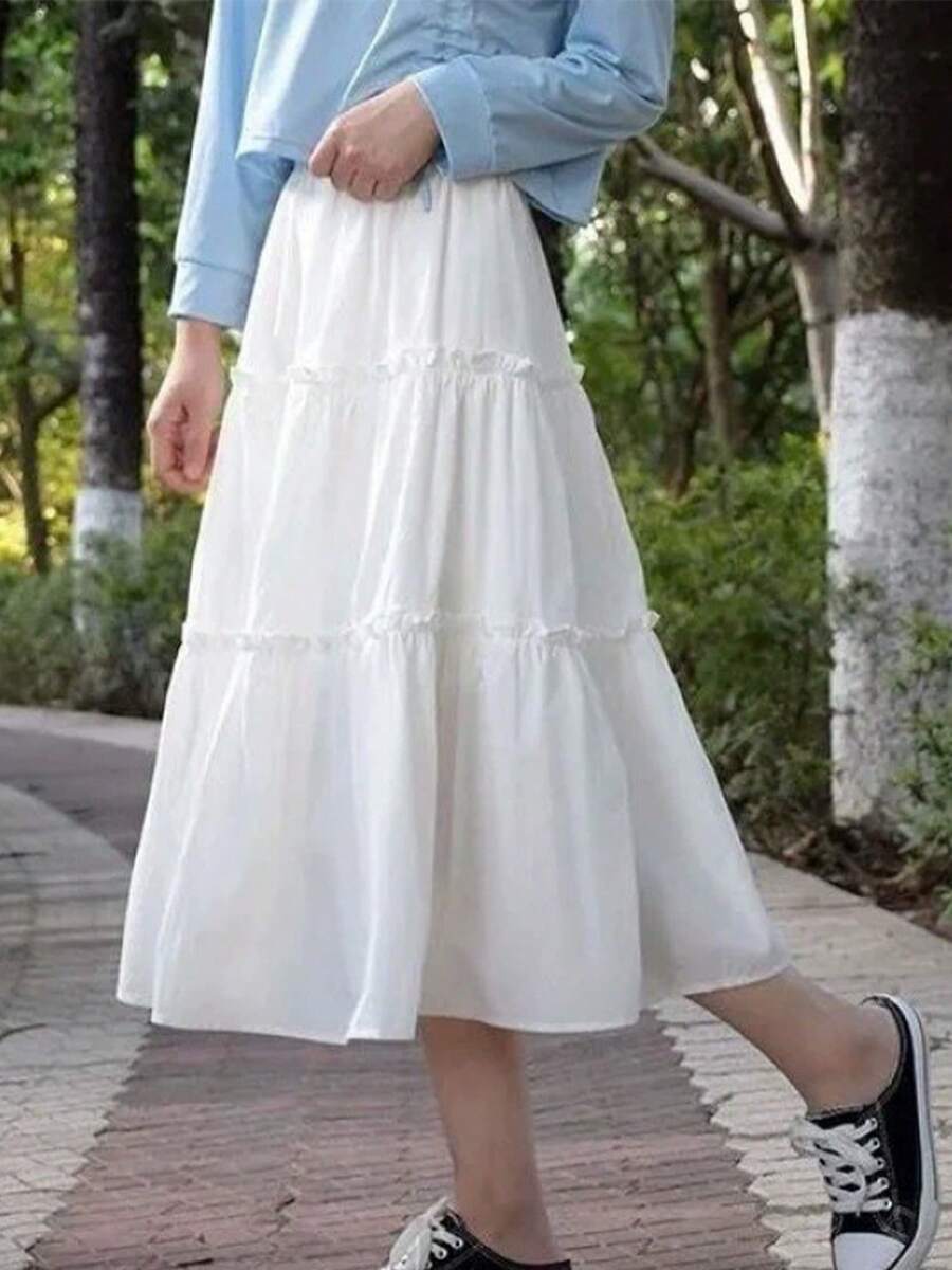 Falda blanca de corte A, temperamento de color sólido, falda de longitud media, falda larga plisada estilo resort informal - Blanco - Ver 1