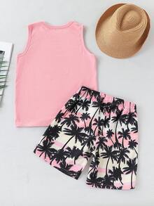 Bộ đồ thường ngày 2 món: Áo phông không tay họa tiết cây thông cho bé trai và quần short Hawaii cạp chun - Hồng - Xem 2