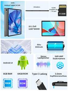 Relndoo 安卓14平板电脑，带键盘，10英寸平板电脑，8GB RAM+64GB ROM，二合一平板电脑，含保护套、鼠标、手写笔，支持802.11n 2.4G/5G无线网络，5MP+8MP双摄像头，1280*800像素高清触摸屏，8000mAh电池，经认证可用于在线课程、工作、娱乐，是圣诞礼物的理想之选（不含适配器） - 複色 - 查看 5