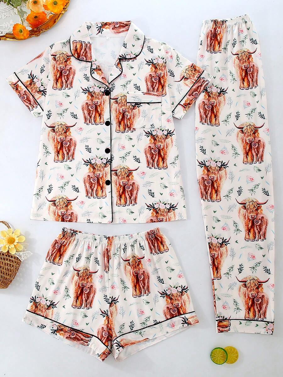 [Livanti Pajamas]3pcs Sets Breathable Short Sleeve, Women Pajamas Set With Short & Long Pants, Polo Collar Button Short Sleeve, Suitable For All Seasons, Comfortable Loose Fit, Cartoon Cow Pattern