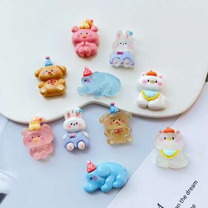 10张混合卡通动物图案平底贴纸，DIY手工材料，可用于剪贴簿、耳环、发饰、鞋夹和其他手工装饰品，树脂配件