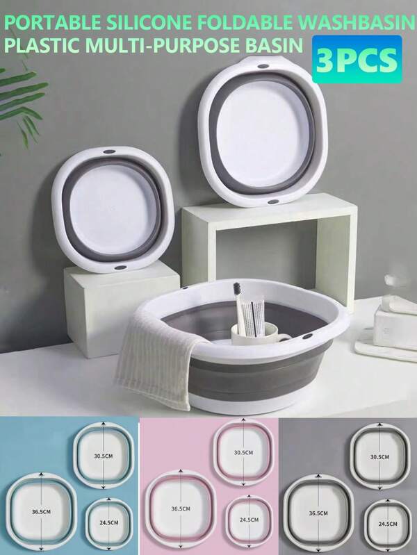 3pcs/1pc Foldable Washbasin Laundry Bucket Laundry Basket Plastic Washbasin, Space Saving Storage Container, Foldable Basin For Dishes, Laundry, RV Outdoor Travel, RV Camping, Camping Sink And RV Sink, RV Home Essentials Home Bathroom Decor Summer Back To School