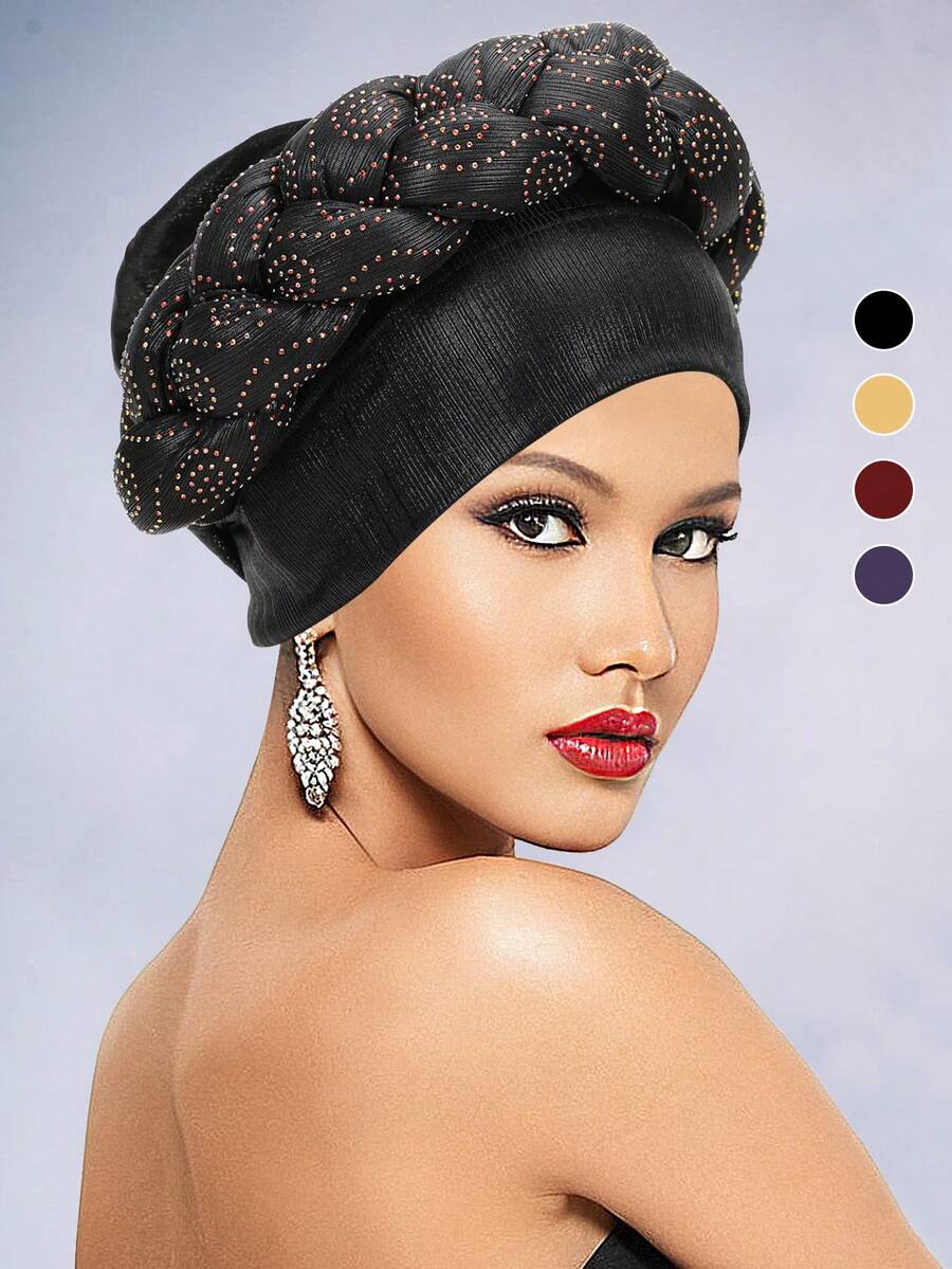 Handmade Women's Turbans With Rhinestone Embellishments: Intricately Crafted Braided Headscarf Cap In Bold, Dramatic Style For Special Occasions