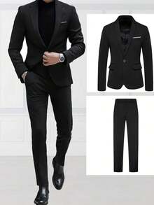 2 piezas Conjunto de traje de negocios para hombre, vestimenta formal para el lugar de trabajo, boda, ceremonia (Chaqueta + Pantalones) - Negro - Ver 1