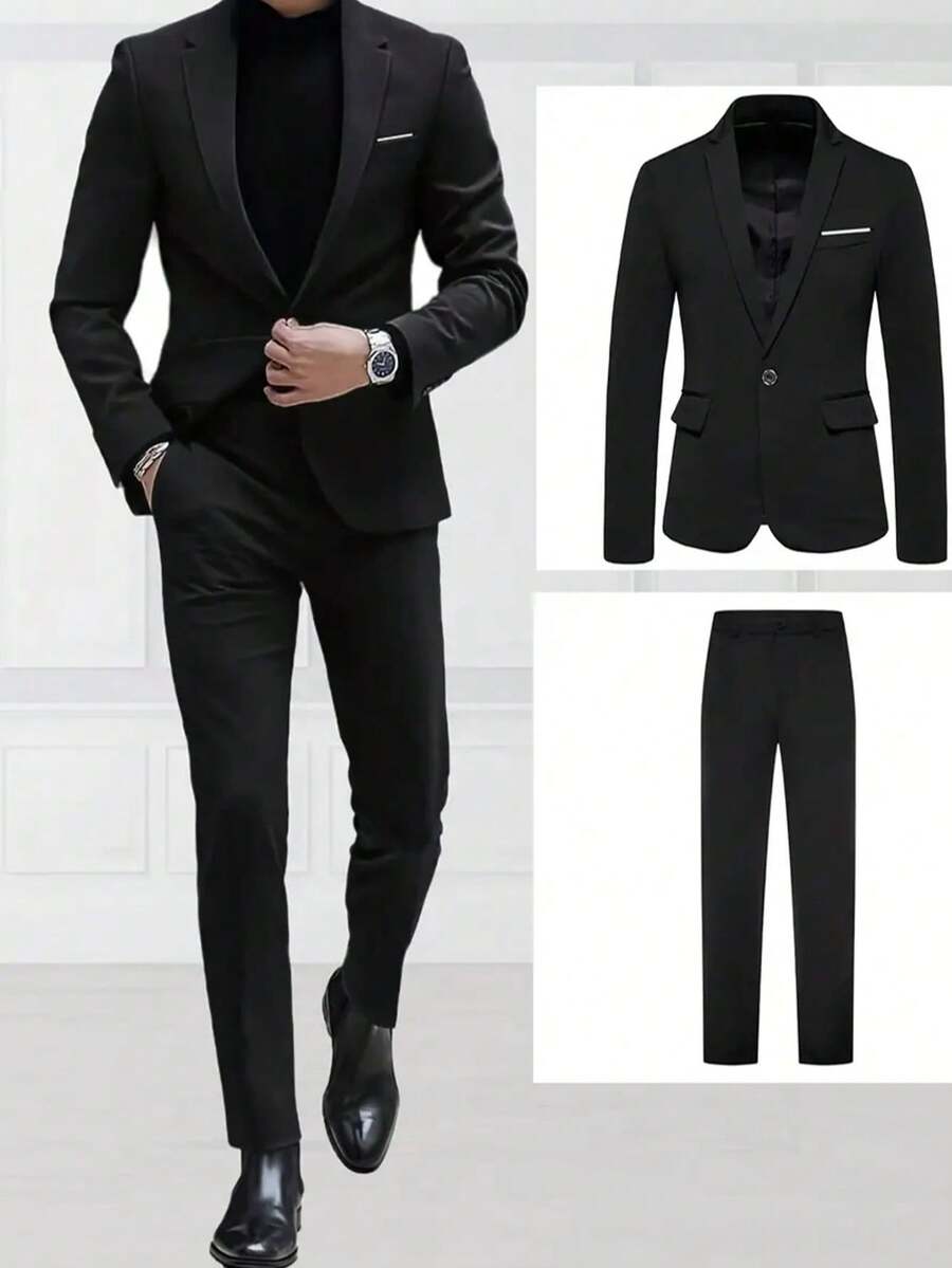 2 piezas Conjunto de traje de negocios para hombre, vestimenta formal para el lugar de trabajo, boda, ceremonia (Chaqueta + Pantalones) - Negro - Ver 1