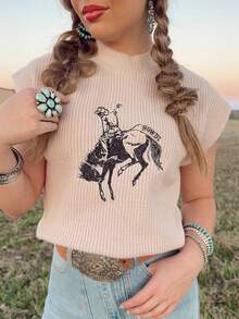 Acelitt Oatmeal "HOWDY" Cowboy Rodeo Pattern Turtleneck Short Sleeve Sweater - Khaki - View 1