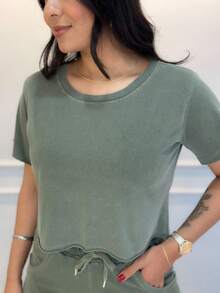 Women's Cropped Top With Faded Sleeves – 100% Cotton, Premium - màu xanh lá - Xem 4