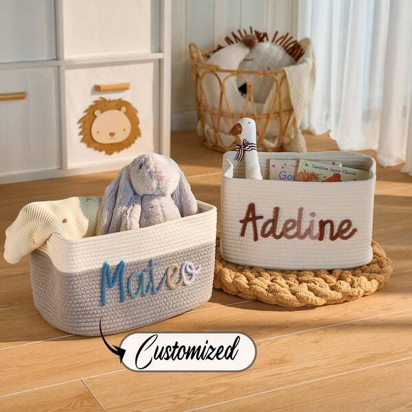 Personalisierter Geflechtkorb mit Namen, handgefertigter Seil Organizer Behälter für Babyparty Geschenke, Kosmetik, Bücher, geeignet für Wohnzimmer, Badezimmer, Küche, Schrank