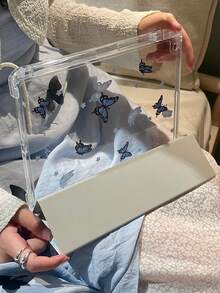 1pc Beautiful Blue Butterfly & Letter Printed Double Side Acrylic Transparent Crystal Protective Case, Compatible With IPad/, Supports Sleep/Wake Function - View 2