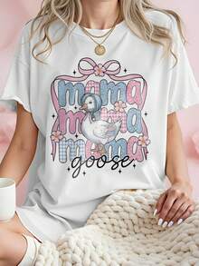 Sassy Goose Png、Mom Goose Png、Mother's Day Png、Leopard Mom PNG、Graphic Print 女士白色超大圆领短袖 T 恤，时尚、百搭且舒适的颜色 - 白色 - 查看 1
