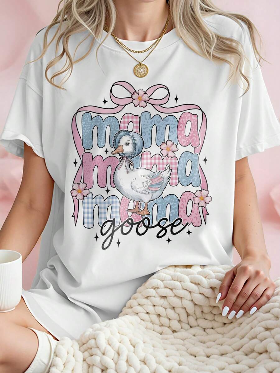 Sassy Goose Png、Mom Goose Png、Mother's Day Png、Leopard Mom PNG、Graphic Print 女士白色超大圆领短袖 T 恤，时尚、百搭且舒适的颜色 - 白色 - 查看 1