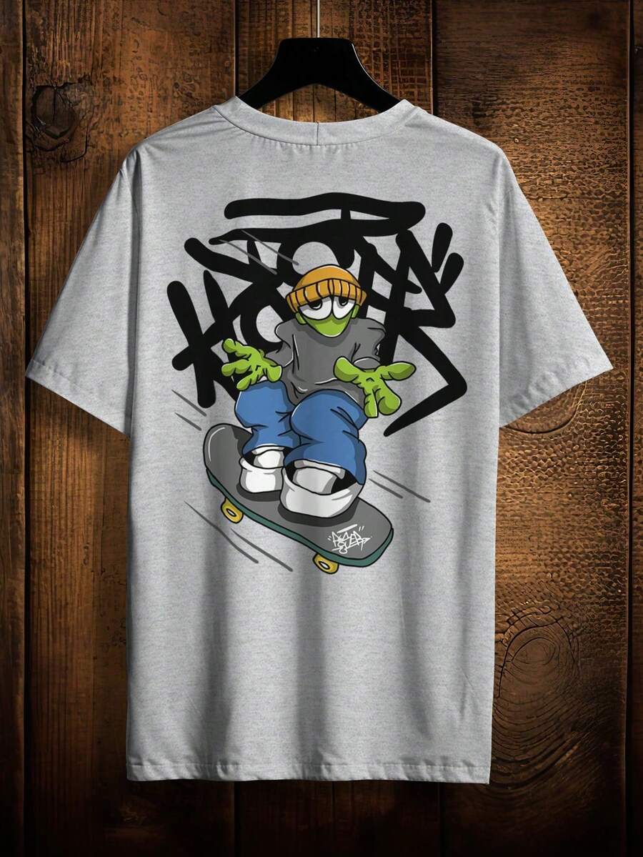 Men's Skater T-Shirt Oversized Cotton Short Sleeve Casual - Xám - Xem 1