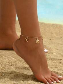 1pc Elegant Minimalist Beaded Sea Star Pendant Anklet For Women, Suitable For Beach Vacation Wear