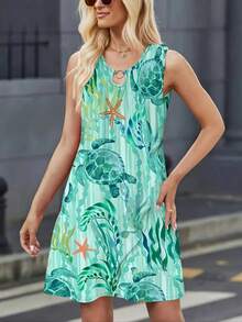 Damska sukienka wakacyjna z nadrukiem żółwia, bez rękawów i krótkim rękawem - Wielokolorowe - Zobacz 5