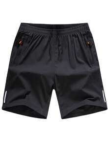 2pcs Women's Solid Color Casual Sports Shorts, With Zipper Pockets And Prints, Suitable For Summer Running, Fitness, Daily Wear And Outdoor Activities - Grey - View 3