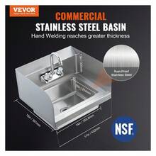 Fregadero de mano comercial con grifo y salpicadero lateral, fregadero de acero inoxidable certificado NSF para lavado, pequeño fregadero de mano, lavabo de pared para restaurante, cocina, bar, garaje y hogar, 17 x 12.8 pulgadas por defecto - Multicolor - Ver 2