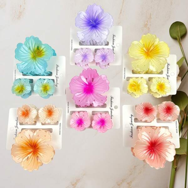 18pcs/6sets Flower Combination Hair Clips Accessories, Tropical Floral Print Boho Chic Hair Claws, Barrettes For Party & Street Fashion, ABS Plastic, Non-Slip, Suitable For Thick & Thin Hair Fashion Hair Accessories Flower Claw Clips
