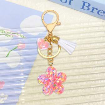 1 PC Flower Print Bohemian Zinc Alloy Bag Accessories Universal Four Seasons Pink Epoxy Flower Tassel Keychain Creative Handbag Single Shoulder Bag Backpack Schoolbag Ornaments Car Keychain Pendant Party Street Commuter Travel School Entrance Casual Cute Elegant Couple Small Gift, Graduation Season Send Classmates, Mother's Day, Teacher's Day, Nurse's Day Send Women, Mom, Daughter, Colleagues Small Gifts, Surprise Ornaments Small Gifts