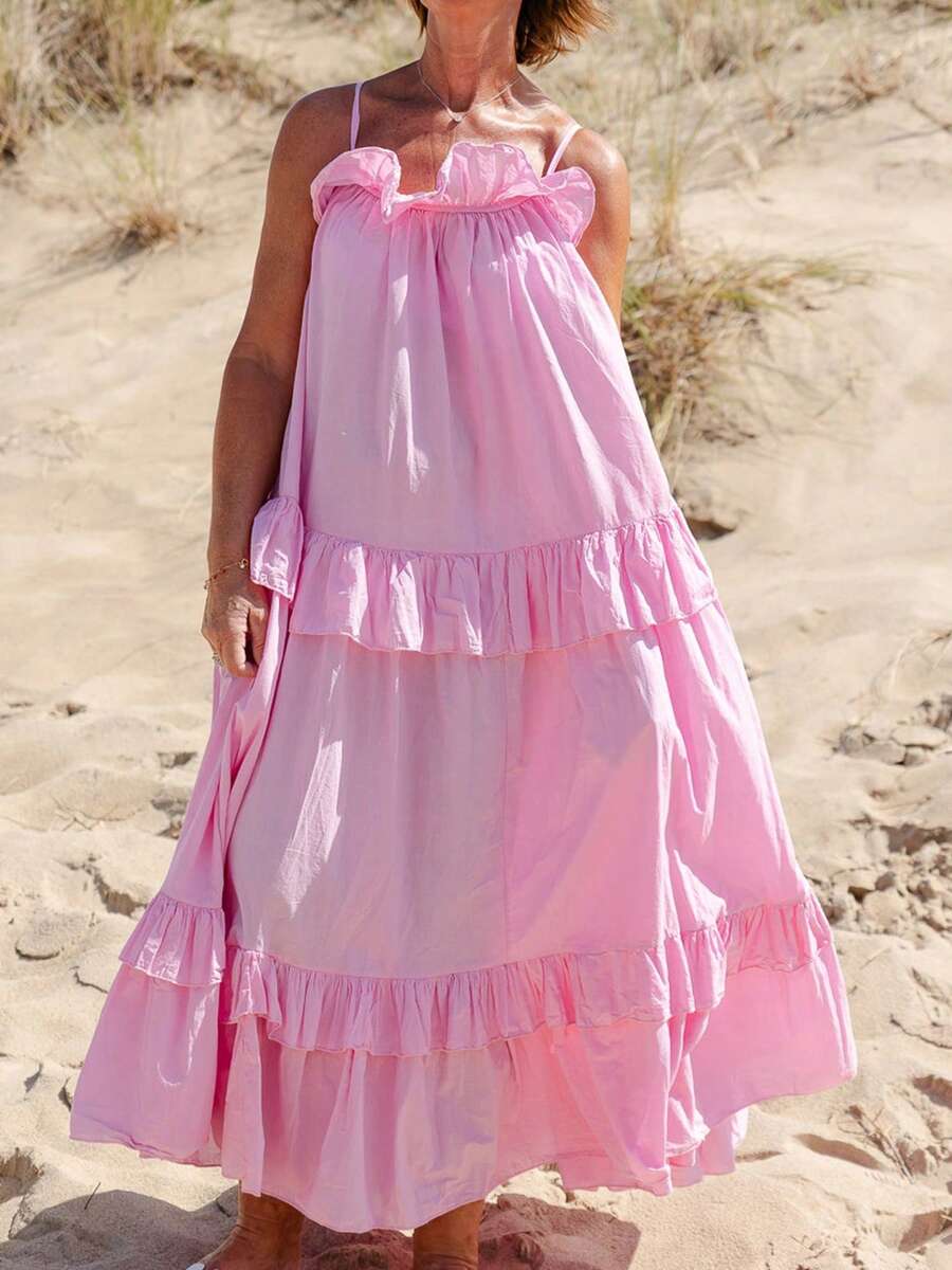Women's Long Cami Dress Casual Loose Scoop Neck Back Tie-Up Swing Tiered Spaghetti Strap Maxi Dress - Pink - View 1