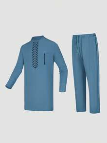 2 件套加大码优雅蓝色 Dashiki 男士套装，刺绣、撞色、长袖、松紧腰裤、非洲服装、休闲衬衫和裤子两件套西装，新品上市，适合派对、约会、日常穿着、文化活动、传统仪式