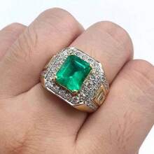 1pc Men's Engagement Ring, Luxury Stylish Gold-Tone Alloy Inlaid Synthetic Emerald Gemstone Decor Ring, Suitable For Men's Daily Wear, Engagement, Wedding, Anniversary, Party, Jewelry, Valentine's Day, Birthday Gift - Green - View 9