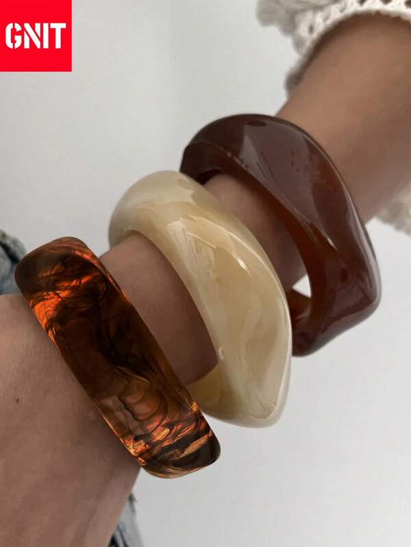 GNIT GNIT Conjunto de 3 pulseras asimétricas exageradas de acrílico semi-transparente para mujeres, versátil y exagerado, conjunto de joyas geométricas coloridas, diseño elegante y dulce de nicho retro 2025, joyería elegante y fresca, simple, regalo perfecto para damas