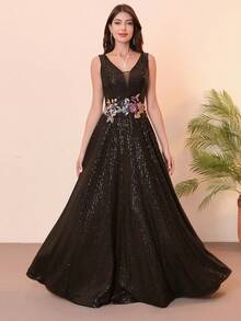Women's Sequin A-Line V Neck Embroidery Gown Sleeveless Party Dresses Appliques Long Evening Gown, Formal, For Wedding Guest - Black - View 5