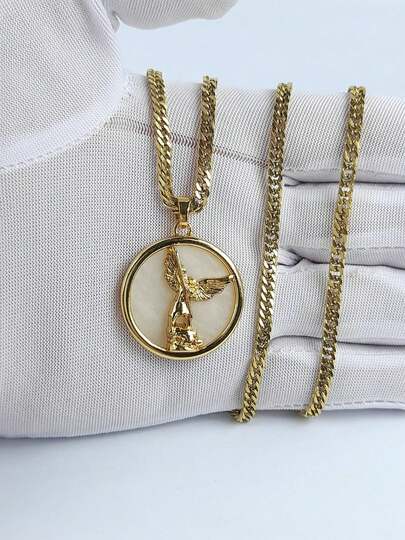 Arcanjo São Miguel Pingente Resinado Cordão Longo 60cm Em Aço Inoxidável Elo Grumet Duplo