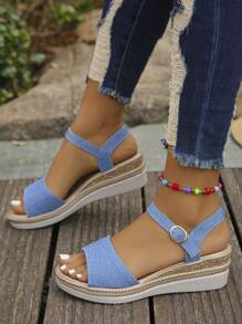 Neue Mode Sommer Rückenriemen weiß Mutter einfach bequem Frauen Plateau-Keil-Sandalen, gewebter blauer Denim Schwarz Sohle