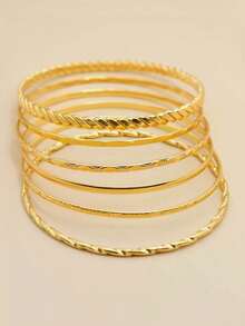 6pcs Minimalist Pentagram Bangle Bracelet Set For Women, Suitable For Daily Wear - Yellow Gold - View 3
