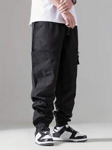 2 件套青少年男童休闲宽松纯色工装裤，带口袋，宽松版型抽绳腰裤