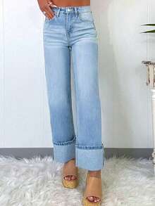 American Street Style Minimalist Casual Straight-Leg Relaxed Fit Women's Washed Denim Jeans - 淺色水洗藍 - 查看 2