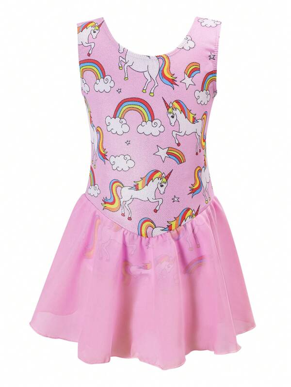 Leotardo vestido para niñas jóvenes con estampado de unicornio, adecuado para ballet, danza y entrenamiento de gimnasia