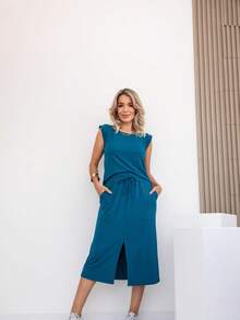 Women's Premium Fleece Midi Skirt Set - 水鴨藍 - 查看 1