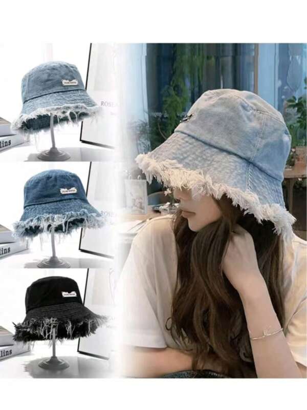 1pc Women Street Style Metal Decor Frayed Brim Bucket Hat, Unisex Casual Versatile Fashion Bucket Hat Suitable For Outdoor And Everyday Wear, All Season