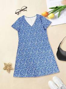 Fashionable Lightweight Elegant Ditsy Floral Short Sleeve Long Dress For Women, Versatile Casual Vacation Office Wear, Spring/Summer Popular New Style