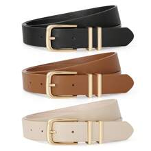 3pcs Set Solid Color Casual PU Leather Women's Belts, Spring & Autumn Summer, School