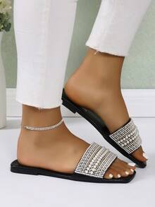 Women Summer New Faux Pearl & Rhinestone Decoration Open Toe Flat Slides Sandals, Solid Color Strap Casual Fashion Mule Shoes - Black - View 4