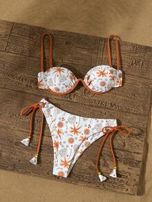 New European And American Style Solid Color Vacation Split Bikini, Fashionable Printed Metal Accessory Sexy Music Festival Nightclub Bikini - Brown - View 1