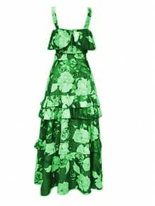 新款春夏花卉印花两件套，带荷叶边吊带短款上衣和波西米亚长裙，女士海滩度假休闲装 - 綠色 - 查看 9