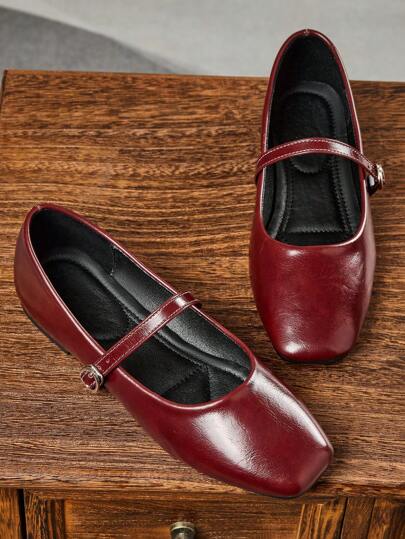 Women's Fashion Square Toe Slip-On Shoes, Casual Office Loafers Versatile For Spring/Summer Outdoor, High-End Quality Mary Jane Ballet Flats For Party, Wedding, Wine Red