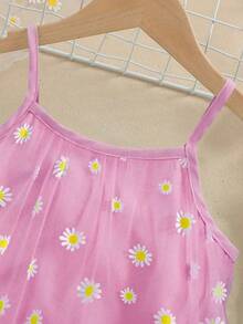 Charming Girls Pale Blue Daisy Mesh Layered Dress - Elegant Ruffled Hem, Machine Washable - Perfect For Summer Parties And Casual Outfitting - Pink - View 2