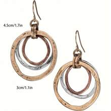 Handmade Sunrise Three Color Dangle Drop Earrings - Polished Circle, Copper, Brass And Silver Plated
