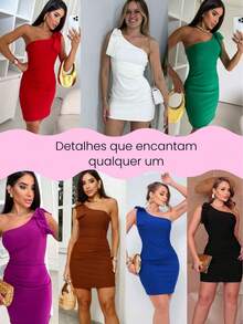 Women's One Shoulder Short Dress Elegant Sophisticated Luxury Fashion  Bow - 藍色 - 查看 5