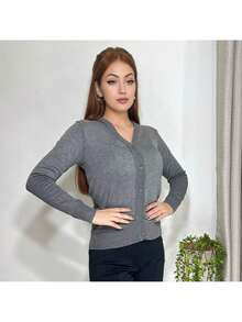 Women's Knitted Linen Cardigan With Button Closure - Grey - View 2